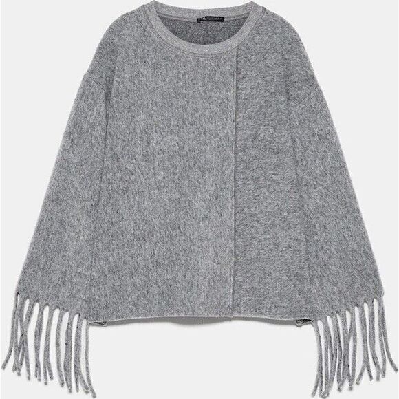 Zara Medium Knit Sweater Women Medium Wool Blend Fringe Long Sleeve gray Medium - Picture 3 of 10